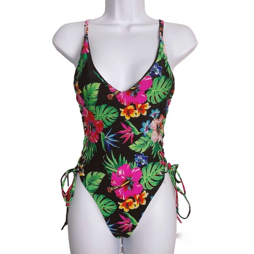 Revamped Floral Side Lace-up One Piece Swim Suit